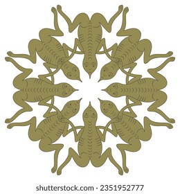 Round animal ornament or mandala with stylized funny frogs or toads. Russian medieval design. Isolated vector illustration.