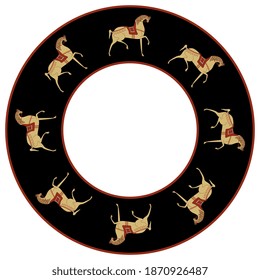 Round animal pattern or frame with stylized horses. Folk style.