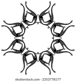 Round animal star shape frame or mandala with winged medieval dragons.  Illuminated manuscript style. Black and white silhouette.