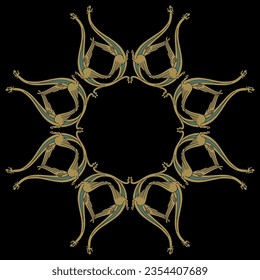 Round animal star shape frame or mandala with winged medieval dragons. Illuminated manuscript style. On black background.