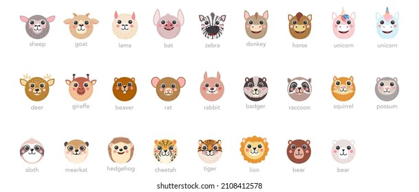 Round Animals heads Set Cute portraits with text names cartoon illustration flat vector unicorn, lama, bear, tiger, rabbit, donkey, sheep isolated on white background for UI, app, mobile, kids poster