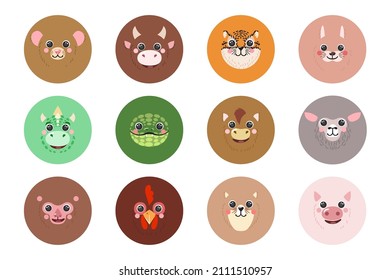 Round Animals Set Chinese Zodiac Twelve Signs portraits Icons Cute cartoon illustration flat vector avatars rat, ox, tiger, rabbit, dragon, snake, horse, goat isolated for UI, app, mobile, kids poster