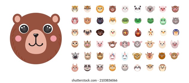 Round Animals Set Cute portraits cartoon face illustration flat vector bear  tiger  bunny  dog  cat  donkey  frog  chicken  cow  hen sheep isolated white background for UI  app  mobile  kids poster