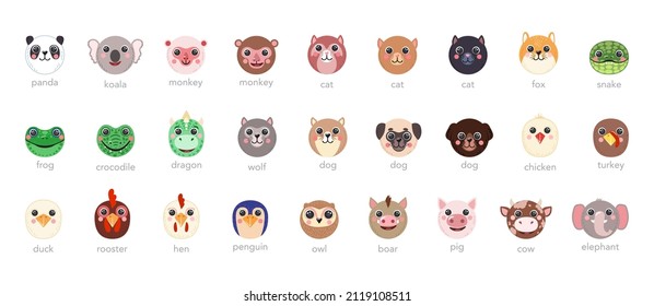 Round Animals Set Cute portraits cartoon illustration flat vector dog  cat  snake  frog  chicken  cow  hen  wolf  penguin  pig  owl  monkey isolated white background for UI app  mobile  kids poster