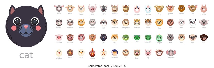 Round Animals Set Cute portraits with names cartoon illustration flat vector cat, dog, lama, unicorn, tiger, bear, rabbit, donkey, frog, hen, sheep isolated on white for UI, app, mobile, kids poster