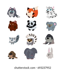 Round animals set. Wolf, Fox, snow leopard, bear, Panda, Koala, raccoon, lemur, sloth, platypus, elephant, rabbit in cartoon style.