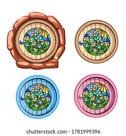 Round antique wooden door with stained glass. Entrance to the fairyland. Set of fairy doors isolated on white background.