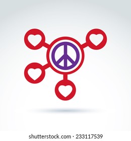 Round antiwar and love vector connected icons, peace and loving heart symbols, 60s. Abstract link sign, conceptual structure icon.