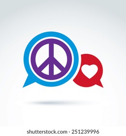 Round antiwar and love vector icons, speech bubbles with peace and loving heart symbols. Conversation on compassion and global peace theme, 60s.