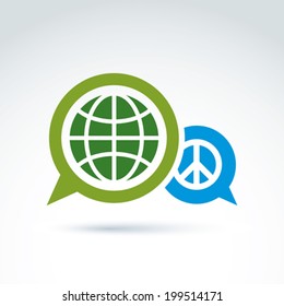 Round antiwar vector icon, green planet and speech bubble with peace sign. Dialogue on global peace theme.
