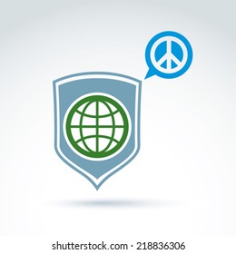Round antiwar vector icon, green planet on a shield and speech bubble with peace sign. Save the world and global peace vector icon.
