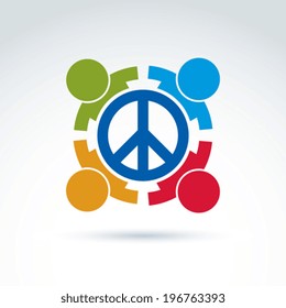 Round antiwar vector icon, no war symbol. People of all nationalities of the world cooperating for peace. Conceptual  international peace sign from 60th.