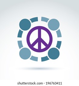 Round antiwar vector icon, no war symbol. People of the world cooperating for peace. Conceptual  global peace sign from 60th.