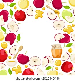 Round apple, pomegranate fruit and honey frame. Jewish New Year Holiday. Shana Tova Wreath isolate on white for card, border, banner, invitations. Copy space. Rosh hashanah template flat style