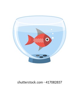 Round aquarium with fish in cartoon style isolated on white background. Flat vector illustration