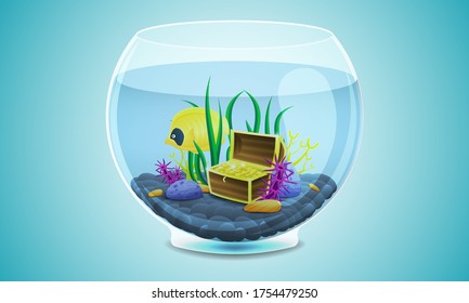 Round aquarium with fish, treasure and marine fauna. Vector, stock illustration.