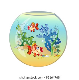 Round aquarium with fishes. Vector.
