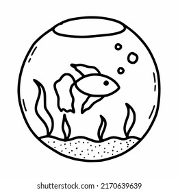 Round aquarium with goldfish. Coloring book for kids. Fish. Vector doodle illustration.