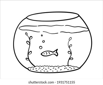 Acuario redondo con peces de arena y algas. Doodle aisló los objetos de contorno sobre fondo blanco.