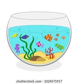 Round aquarium with seaweeds and colorful fish. Vector illustration