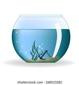 Round aquarium with water and decorations