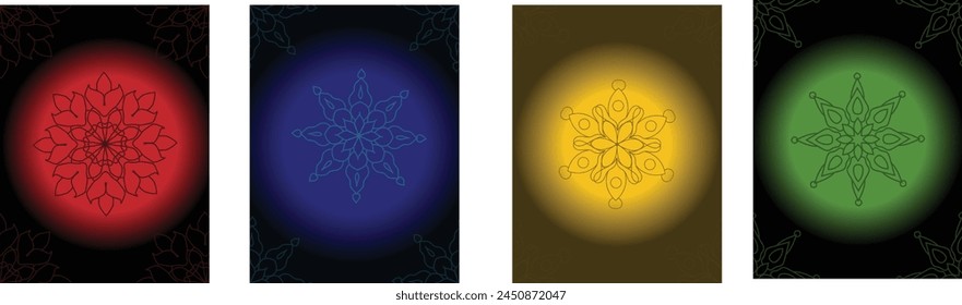 Round Arabic Mandala With Glowing Red, yellow, green and blue colors Ornamental mandala with Gradient background template.