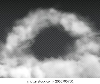 Round arch clouds on transparent background. Vector fog or smoke circle, white steaming vapour, dust frame, isolated flow mist or smoky chemical or cigarette steam. Realistic cloudy sky 3d effect