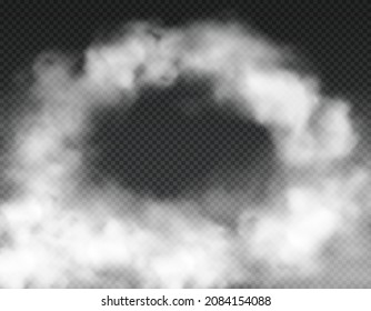 Round arch clouds on transparent background. Realistic vector cloudy sky 3d effect, fog or smoke circle, white steaming vapour, isolated dust frame, flow mist, smoky chemical or cigarette steam border