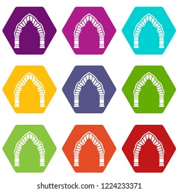 Round arch icons 9 set coloful isolated on white for web