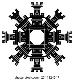 Round architectural star shape mandala with medieval castle towers. Black and white negative silhouette.