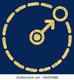 Round Area Border grainy textured icon for overlay watermark stamps. Flat symbol with unclean texture. Dotted vector yellow ink rubber seal stamp with grunge design on a blue background.