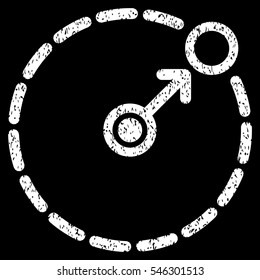 Round Area Border grainy textured icon for overlay watermark stamps. Flat symbol with dirty texture. Dotted vector white ink rubber seal stamp with grunge design on a black background.