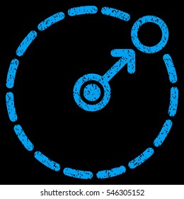 Round Area Border grainy textured icon for overlay watermark stamps. Flat symbol with unclean texture. Dotted vector blue ink rubber seal stamp with grunge design on a black background.