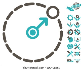 Round Area Border icon with bonus options pictograms. Vector illustration style is flat iconic symbols, grey and cyan colors, white background.