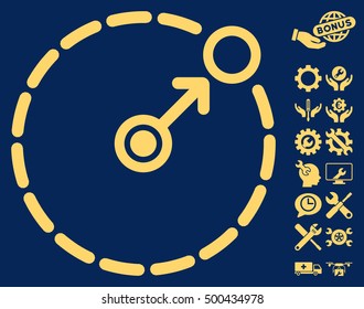 Round Area Border icon with bonus service icon set. Vector illustration style is flat iconic symbols, yellow color, blue background.