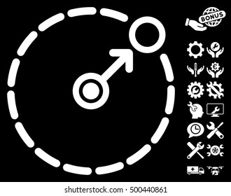 Round Area Border icon with bonus tools graphic icons. Vector illustration style is flat iconic symbols, white color, black background.