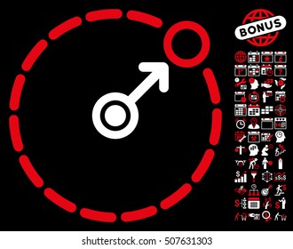 Round Area Border icon with bonus calendar and time management clip art. Vector illustration style is flat iconic symbols, red and white colors, black background.