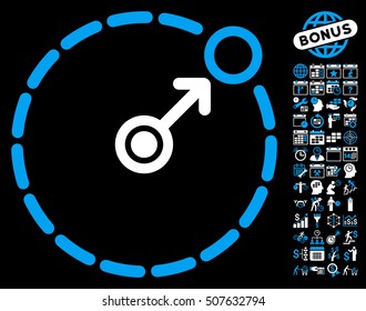 Round Area Border icon with bonus calendar and time management icon set. Vector illustration style is flat iconic symbols, blue and white colors, black background.