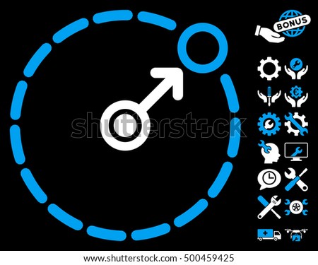 Round Area Border icon with bonus settings images. Vector illustration style is flat iconic symbols, blue and white colors, black background.