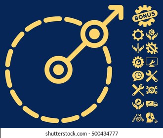 Round Area Exit icon with bonus configuration graphic icons. Vector illustration style is flat iconic symbols, yellow color, blue background.