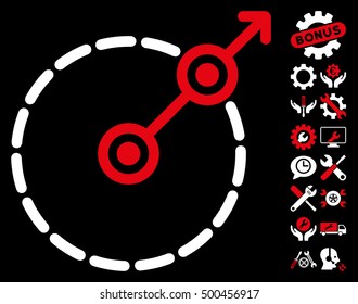 Round Area Exit icon with bonus options pictograms. Vector illustration style is flat iconic symbols, red and white colors, black background.