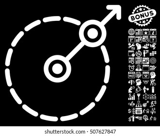 Round Area Exit icon with bonus calendar and time service design elements. Vector illustration style is flat iconic symbols, white color, black background.