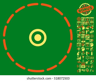 Round Area icon with bonus calendar and time management pictures. Vector illustration style is flat iconic symbols, orange and yellow colors, green background.