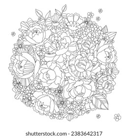 round arrangement of flowers and leaves. coloring book page for adults and children