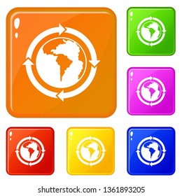 Round arrows around world planet icons set collection vector 6 color isolated on white background