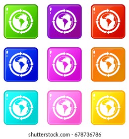 Round arrows around world planet icons of 9 color set isolated vector illustration