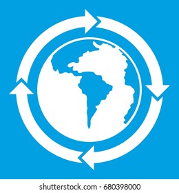 Round arrows around world planet icon white isolated on blue background vector illustration