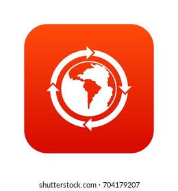 Round arrows around world planet icon digital red for any design isolated on white vector illustration