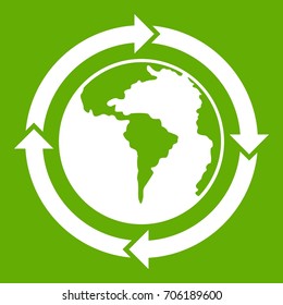 Round arrows around world planet icon white isolated on green background. Vector illustration