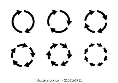 Round arrows icons. Circular arrow of recycle set. Circle repeat arrow symbols. Signs of refresh, reload, loop, reset and motion for web. Vector. Rewind cycle, spin infographic.